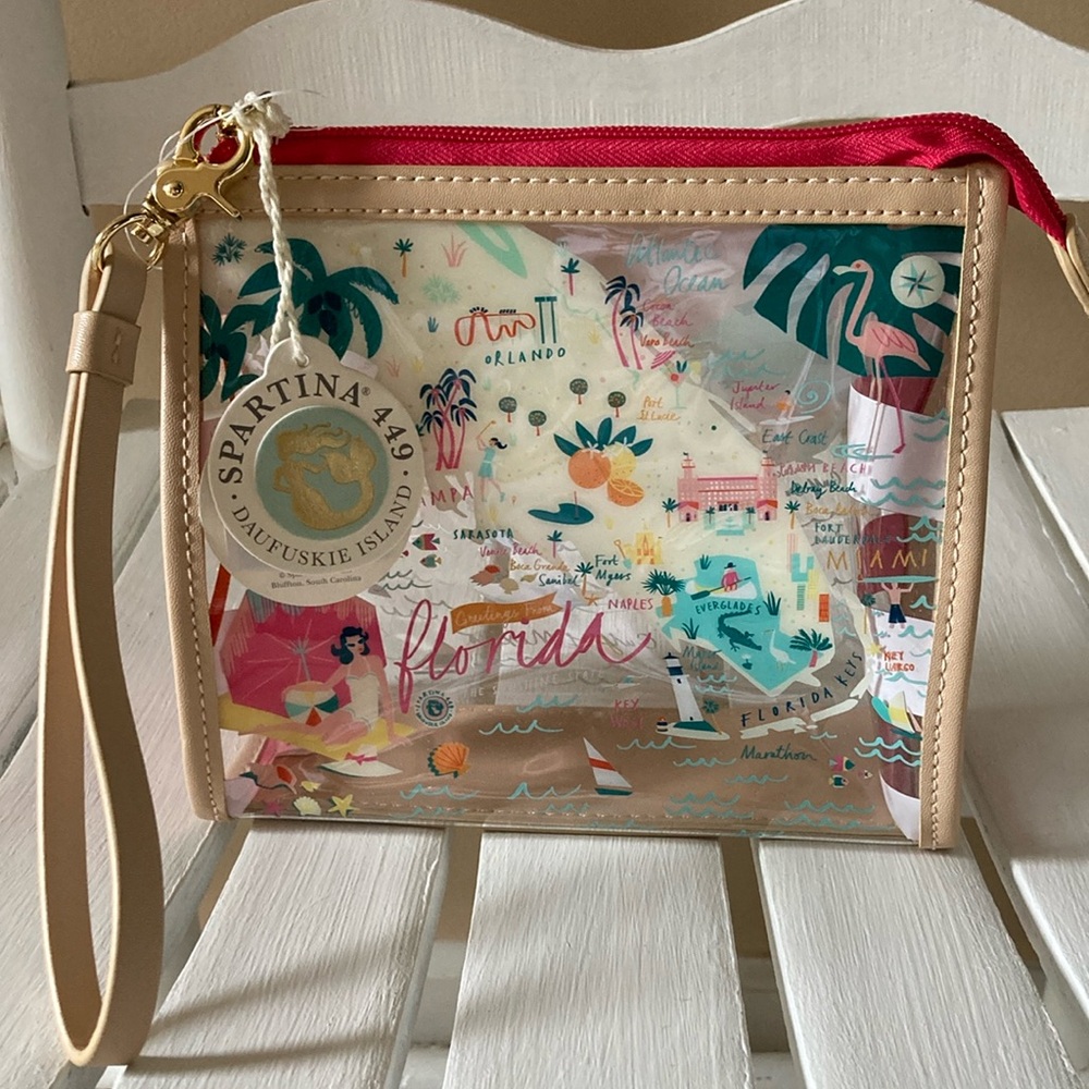 🎈SOLD SPARTINA 449 FLORIDA CLEAR BEACH Wristlet Greetings From Maps Collection